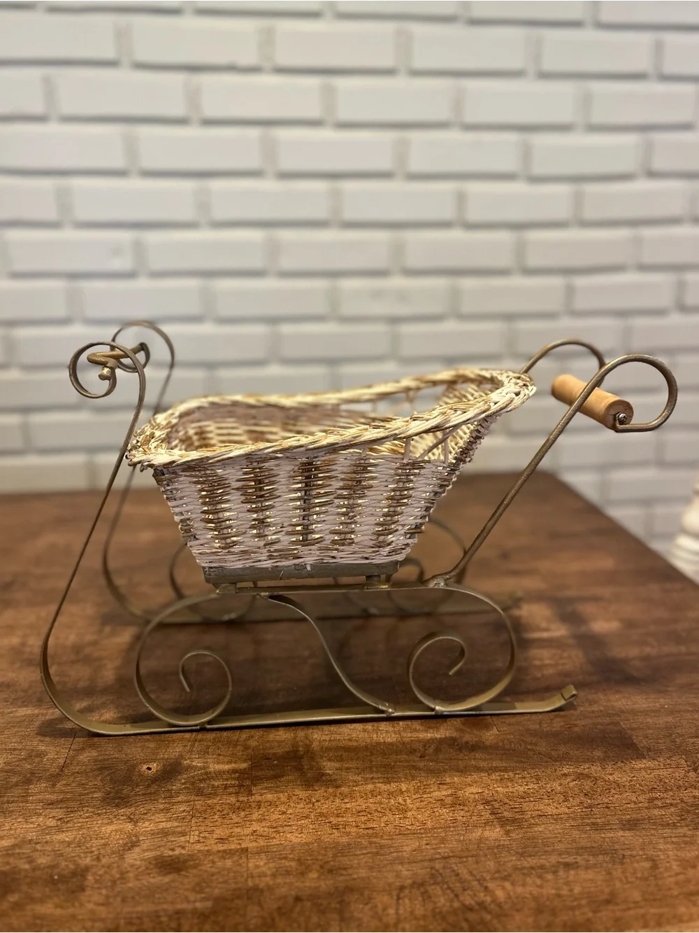 Festive White Wicker Sleigh Holiday Centerpiece